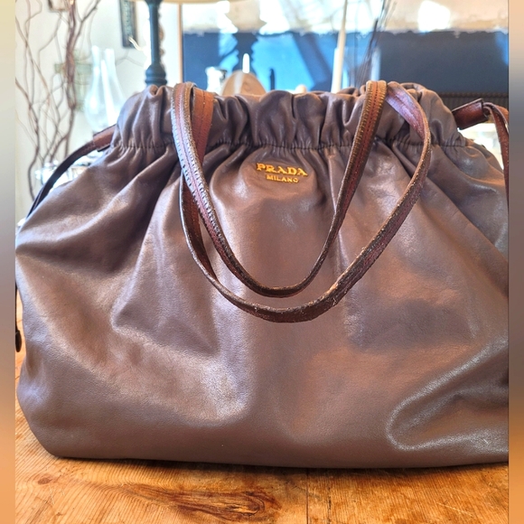 PRADA Brown Drawstring Leather Tote Shoulder Bag - Picture 2 of 6